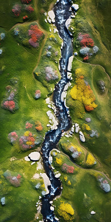 "rolling hills stretch towards the horizon in this serene aerial view, showcasing an endless and undulating landscape gardening scene dotted with vibrant wild flowers and tall swaying grasslands, exuding tranquility and peace, captured in stunning 8k resolution with a still life photography style.", ai generatedの素材