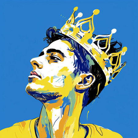 jose, adorned with a regal crown, gazes over their shoulder in this stunning digital drawing, reminiscent of cecil beaton's elegance and tumblr's eclectic style, rendered in soothing blues and vibrant yellows on a wacom tablet, blending matisse's expressive lines with fine-tip pen precision, boasting 32k super-resolution and uhd quality. ai generatedの素材
