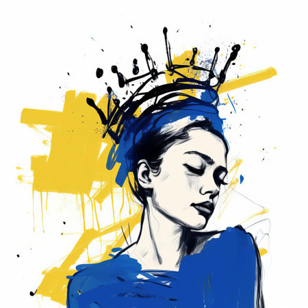 sandra, adorned with a regal crown, gazes over their shoulder in this stunning digital drawing, reminiscent of cecil beaton's elegance and tumblr's eclectic charm, rendered in soothing blue hues on a wacom tablet, blending matisse's expressive lines with fine-tip pen details in white and yellow, boasting 32k super-resolution and uhd clarity. ai generatedの素材