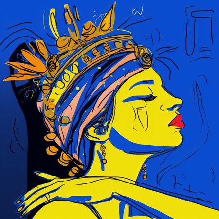 princess cynthia, adorned with a regal crown, gazes over her shoulder in this stunning digital drawing, reminiscent of cecil beaton's elegance and tumblr's eclectic charm, rendered in soothing blues and vibrant yellows on a wacom tablet, blending matisse-inspired expressionism with fine-tip pen precision, showcased in breathtaking 32k super-resolution uhd. ai generatedの素材