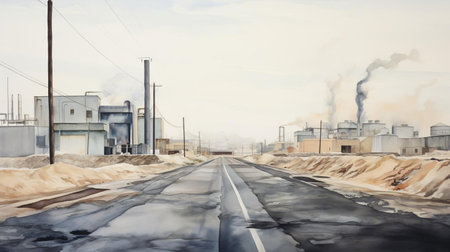 industrial landscape stretches across the horizon, dominated by a winding road that bisects the composition, surrounded by rolling hills and sparse vegetation, evoking a sense of isolation and tranquility, captured in soft, dreamy watercolors that evoke a nostalgic atmosphere. ai generatedの素材