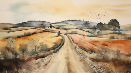serene landscape unfolds with a winding road majestically cutting through the heart of the scenery, devoid of human presence, evoking a sense of tranquility and solitude, beautifully captured in soft, dreamy watercolors, exuding a calming atmosphere and inviting the viewer to step into its peaceful realm. ai generatedの素材