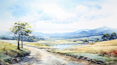 "mountainous landscape unfolds with a serene winding road cutting through its heart, surrounded by lush greenery and majestic hills, evoking a sense of tranquility and adventure, reminiscent of a dreamy watercolor painting, perfect for nature lovers and travel enthusiasts alike.", ai generatedの素材