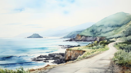 the serene seascape stretches across the horizon, divided by a winding road that disappears into the distance, capturing the tranquility of a deserted coastal scene, beautifully rendered in soft, dreamy watercolors, evoking a sense of peacefulness and solitude. ai generatedの素材