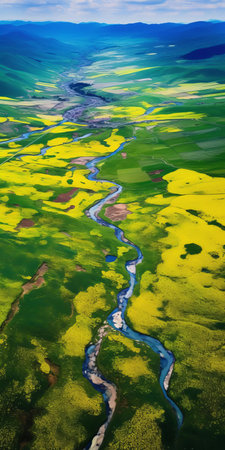 "countryside landscapes unfold in serene majesty, as vibrant wildflowers and swaying grasslands stretch towards the horizon, capturing the essence of tranquility in this stunning 8k aerial view, reminiscent of a still life photography masterpiece, evoking feelings of peacefulness and calmness in the viewer.", ai generatedの素材