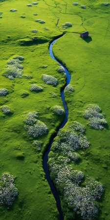 "rolling hills stretch towards the horizon, adorned with vibrant wildflowers and swaying grasslands, exuding serenity and peacefulness in this breathtaking 8k aerial view, capturing the essence of nature's beauty in a stunning still life photography style, perfect for relaxation and meditation.", ai generatedの素材