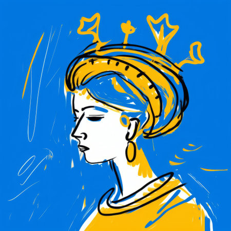 martha, adorned with a regal crown, gazes over their shoulder in this captivating digital drawing, reminiscent of cecil beaton's elegance and tumblr's eclectic charm, rendered in soothing blue hues on a wacom tablet, blending matisse's expressive lines with fine-tip pen strokes, in a stunning 32k super-resolution uhd masterpiece. ai generatedの素材