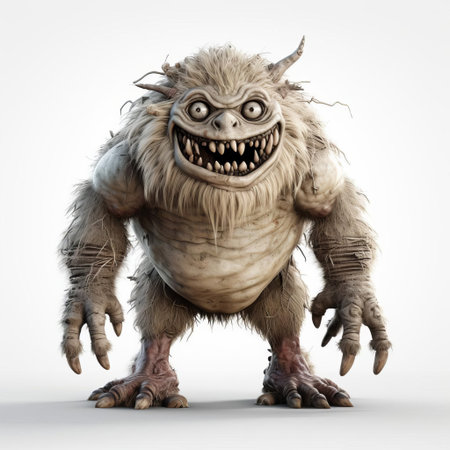 the 3d monster stands proudly against a pristine white background, its vibrant green scales glistening in the light, showcasing its fearsome claws, razor-sharp teeth, and menacing gaze, perfect for fantasy and horror themed designs, illustrations, and animations. ai generatedの素材