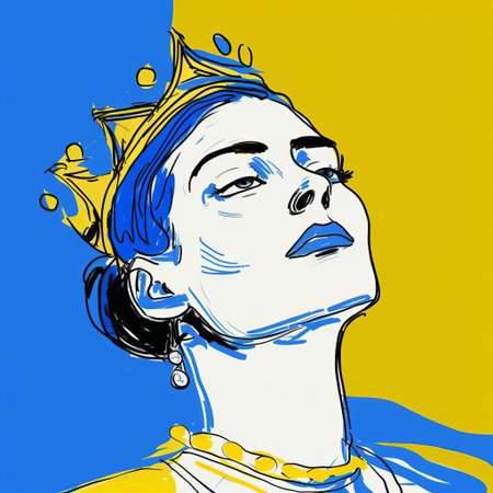 gloria, adorned with a regal crown, gazes over their shoulder in this stunning digital drawing, reminiscent of cecil beaton's iconic portraits. created on a wacom tablet, this artwork blends matisse-inspired expressionist lines with fine-tip pen details in white and yellow hues, boasting 32k super-resolution and uhd quality. ai generatedの素材