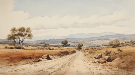 the landscape painting exudes a sense of serenity and nostalgia, reminiscent of a classic oil painting, with soft brushstrokes and muted earth tones that evoke feelings of calmness and tranquility, inviting the viewer to step into the peaceful world depicted, perfect for relaxation and contemplation. ai generatedの素材