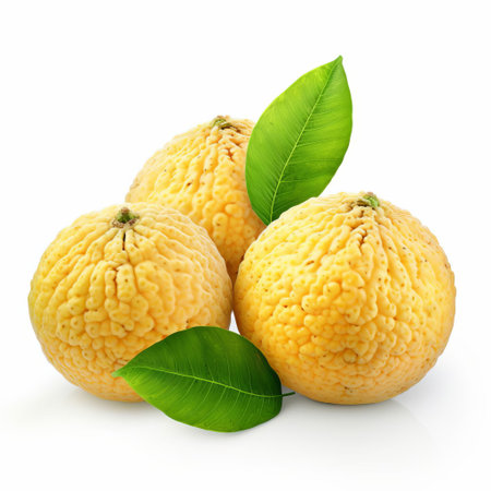 ugli fruit, a unique and exotic citrus variety, is showcased in this vibrant photograph featuring three whole fruits isolated on a pristine white background, complete with a clipping path, perfect for adding a pop of color and tropical flair to any design or culinary project. ai generatedの素材