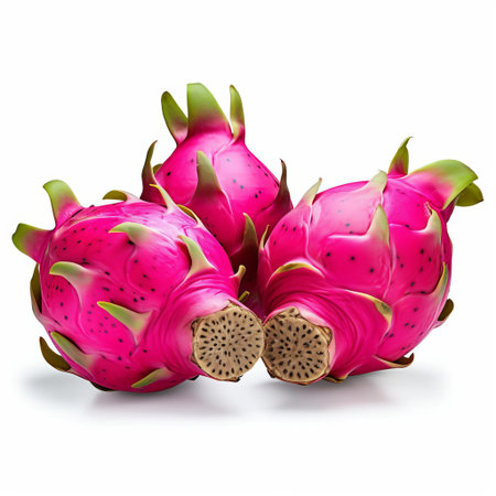 "pitaya fruits, also known as dragon fruits, sit isolated on a white background, showcasing their vibrant pink skin and green scales, with a clipping path available for easy editing, perfect for healthy eating and exotic fruit enthusiasts.", ai generatedの素材