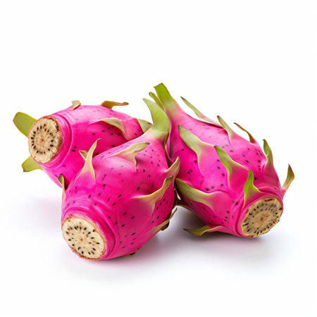 pitaya fruits, also known as dragon fruits, are showcased in this vibrant image, featuring three whole pitayas isolated on a clean white background with a clipping path, perfect for adding a pop of color to your healthy food or exotic fruit-themed designs. ai generatedの素材