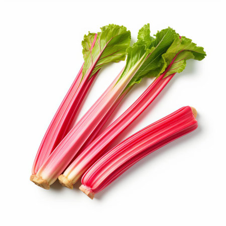 rhubarb stalks, a tart and crunchy vegetable, are showcased in this high-quality image featuring three whole rhubarb plants isolated on a clean white background, perfect for cooking, baking, or adding a pop of color to your culinary creations, with a convenient clipping path for easy editing. ai generatedの素材