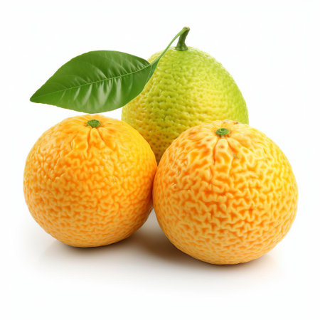 ugli fruit, a unique and exotic citrus variety, is showcased in this vibrant photograph, featuring three whole fruits isolated on a crisp white background, complete with a clipping path, highlighting their rough, wrinkled skin and vibrant orange color, perfect for culinary and design applications. ai generatedの素材