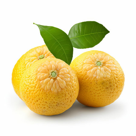 ugli fruit, a unique and exotic citrus variety, is showcased in this vibrant photo featuring three whole fruits isolated on a pristine white background, complete with a clipping path, perfect for adding a pop of color and nutritional appeal to your culinary or wellness-themed designs. ai generatedの素材