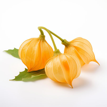 physalis fruits, also known as ground cherries, sit beautifully on a clean white background, showcasing their vibrant orange-yellow color and delicate, papery husks, perfect for adding a pop of color to any food, fruit, or still life photography composition. ai generatedの素材