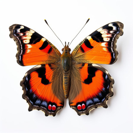 the small tortoiseshell butterfly, aglais urticae, perches delicately on a pristine white background, showcasing its striking orange and black wings, adorned with intricate patterns and veins, a true marvel of nature's beauty and complexity, perfect for nature enthusiasts and insect photographers. ai generatedの素材