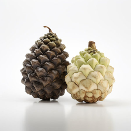 sugar apples, also known as sweetsops, sit elegantly on a pristine white background, showcasing their vibrant green skin and creamy white flesh, highlighting the tropical fruit's unique texture and natural beauty, perfect for healthy snacking and exotic fruit arrangements. ai generatedの素材