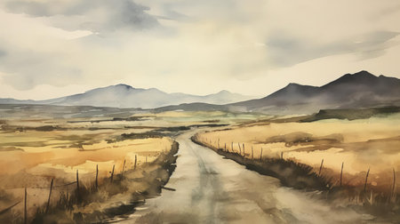 the serene continental landscape stretches across the horizon, bisected by a winding road that disappears into the distance, evoking a sense of adventure and freedom, captured in soft, dreamy watercolors that evoke a nostalgic atmosphere, perfect for nature lovers and travel enthusiasts alike. ai generatedの素材