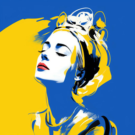 gloria, a regal figure adorned with a crown, gazes over their shoulder in this stunning digital drawing, reminiscent of cecil beaton's iconic style, with bold, expressionist lines and vibrant blue hues, created using a wacom tablet and fine-tip pen, showcasing intricate details in 32k super-resolution uhd. ai generatedの素材