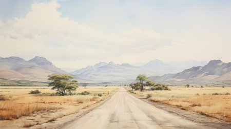 serene landscape unfolds with a winding road stretching through the heart of a picturesque continental scene, devoid of human presence, evoking a sense of peaceful solitude, as vibrant watercolors bring the rolling hills and lush greenery to life in this captivating artwork. ai generatedの素材