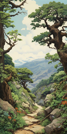 the cork oak tree stands majestically on the mountainside of the canyon, its twisted branches and gnarled trunk resembling a whimsical illustration from a miyazaki hayao film, surrounded by a winding path that invites hikers to explore the serene and mystical landscape of the rugged canyon. ai generatedの素材