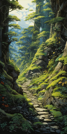 the majestic canyon mountainside is adorned with a serene winding path, where a unique gmelina tree grows, evoking the whimsical spirit of miyazaki hayao's fantastical landscapes, surrounded by lush greenery and rugged rock formations, inviting exploration and discovery. ai generatedの素材