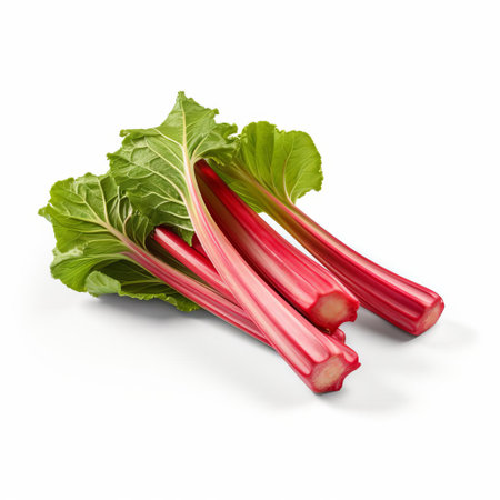 rhubarb stalks, fresh and vibrant, sit isolated on a clean white background, awaiting culinary creativity, perfect for adding a tart twist to pies, jams, and savory dishes, with a clipping path for easy editing and seamless integration into recipes and foodie designs. ai generatedの素材