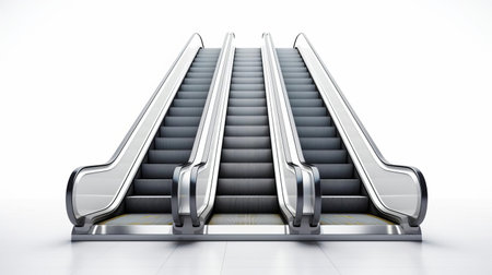 escalator stands alone on a pristine white background, its sleek metal steps and handrails gleaming in the light, showcasing its modern design and functionality, perfect for architecture, transportation, and urban lifestyle themed visual projects, highlighting movement and accessibility. ai generatedの素材