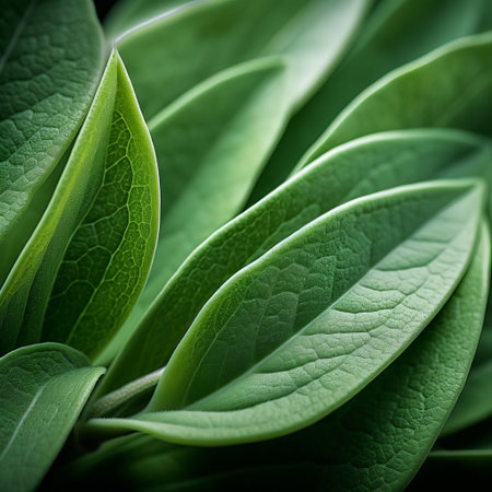 the sage plant leaf, with its delicate organic contours, is showcased in stunning detail in this ultra-high-definition image, evoking a sense of tactile connection to nature, perfect for environmentalists and nature enthusiasts alike, reminiscent of a national geographic photo. ai generatedの素材