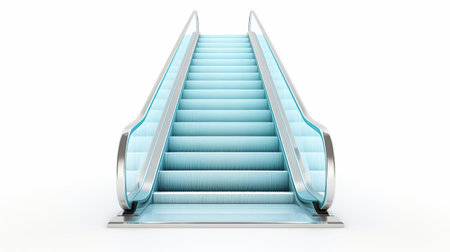 escalator stands alone on a pristine white background, its sleek metal steps and sturdy handrails gleaming in the light, showcasing its modern design and functionality, perfect for commercial or industrial settings, highlighting accessibility and convenience in architecture and interior design. ai generatedの素材