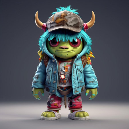 this adorable 3d cartoon monster, donning trendy urban clothes, exudes cuteness with its vibrant colors and playful expression, perfect for kids' entertainment, animation, and graphic design projects, blending fantasy and modern style in a fun and quirky way. ai generatedの素材
