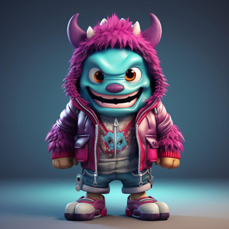 the monster's attire consists of a silver jacket, a white shirt with a blue design, blue shorts, and pink and white sneakers, showcasing a playful and mischievous style with a hint of whimsy, perfect for a fantasy creature with a flair for fun and adventure in a magical world of mythical beings. ai generatedの素材