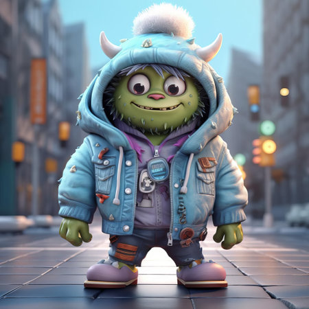 this adorable 3d cartoon monster, dressed in trendy urban clothes, exudes cuteness with its bright colors and playful expression, blending fantasy and modern style, perfect for fans of kawaii art, digital illustration, and whimsical character design. ai generatedの素材