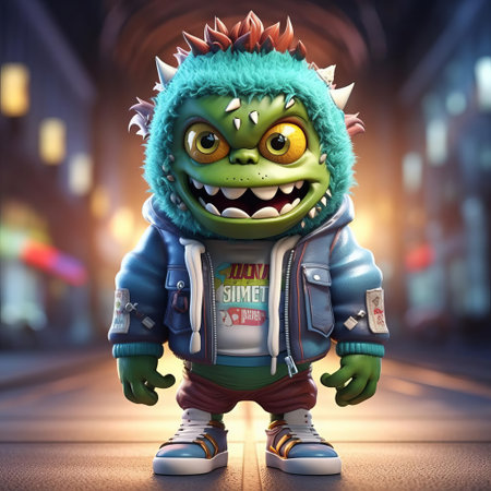 this adorable 3d cartoon monster, dressed in trendy urban clothes, exudes cuteness with its vibrant colors and playful expression, perfect for kids' entertainment, cartoon characters, and fantasy art enthusiasts, blending digital art and whimsical imagination. ai generatedの素材