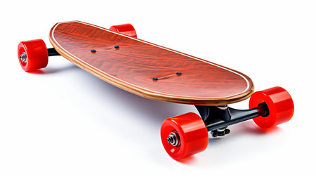 skateboard sits proudly isolated on a pristine white background, its vibrant wheels and trucks popping against the clean slate, showcasing the beauty of this popular extreme sport equipment, perfect for skateboarding enthusiasts and action sports fans alike. ai generatedの素材