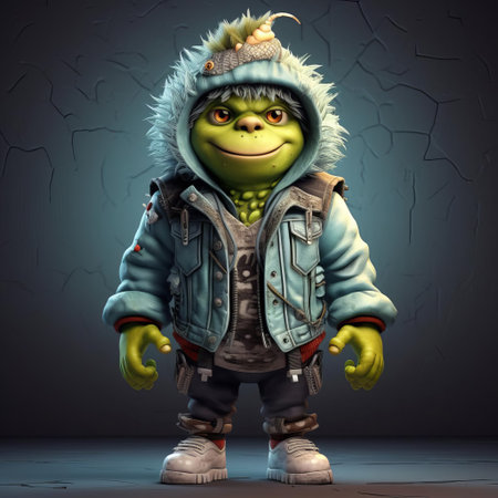 this adorable 3d cartoon monster, dressed in trendy urban clothes, exudes cuteness with its vibrant colors and playful expression, perfect for kids' entertainment, animation, and graphic design projects, blending fantasy and modern style in a fun and quirky way. ai generatedの素材