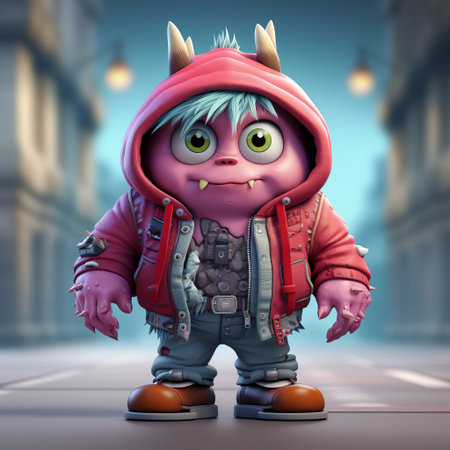 the adorable 3d cartoon monster, dressed in trendy urban clothes, exudes cuteness with its bright colors and playful expression, perfect for kids' entertainment, animation, and digital art, showcasing creativity in character design and 3d modeling techniques. ai generatedの素材