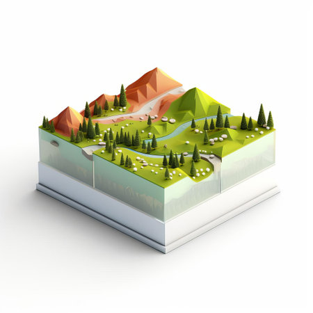 the futuristic isometric square model, crafted from shiny plastic, sits atop a pristine white background, showcasing a harsh yet mesmerizing landscape, complete with rugged terrain, jagged peaks, and barren expanses, evoking a sense of otherworldly beauty and desolate wonder. ai generatedの素材