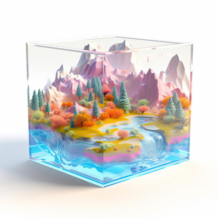 the futuristic isometric square model, crafted from shiny plastic, showcases an ethereal landscape with mesmerizing details, set against a pristine white background, evoking a sense of otherworldly beauty and futuristic architecture, perfect for sci-fi and fantasy enthusiasts. ai generatedの素材