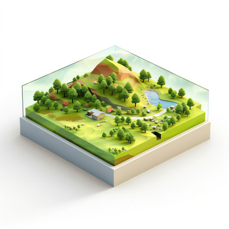 rural landscape model showcases a serene countryside scene, featuring rolling hills, trees, and a winding road, crafted from shiny plastic in an isometric square shape, set against a pristine white background, evoking a sense of simplicity and tranquility in 3d art and miniature design. ai generatedの素材