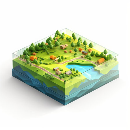 rural landscape model showcases a serene countryside scene, featuring rolling hills, trees, and a winding road, all crafted from shiny plastic isometric squares, beautifully arranged on a pristine white background, evoking a sense of simplicity and rustic charm, perfect for 3d design and architecture visualizations. ai generatedの素材