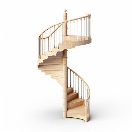 staircase, a sleek and modern flat spiral design, stands out against a pristine white isolated background, showcasing its minimalist aesthetic and functional appeal, perfect for contemporary homes, offices, and architectural visualizations, highlighting simplicity and elegance in interior design. ai generatedの素材