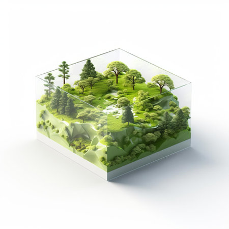 a shrubland model, crafted from shiny plastic, sits atop a pristine white background, showcasing an isometric square representation of a natural habitat, complete with intricate details, evoking a sense of serenity and simplicity, perfect for educational or decorative purposes. ai generatedの素材
