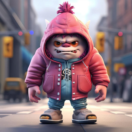 the cartoon monster, adorned in trendy urban attire, exudes an irresistible charm with its vibrant colors and playful demeanor, making it a delightful addition to any digital art collection, perfect for fans of kawaii characters, 3d modeling, and whimsical illustrations. ai generatedの素材