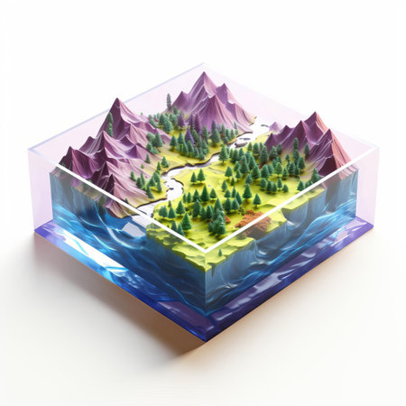 the isometric square model showcases a sublime landscape with majestic mountains, serene lakes, and lush green forests, all crafted from shiny plastic and set against a pristine white background, evoking a sense of tranquility and depth in this miniature 3d scenery. ai generatedの素材