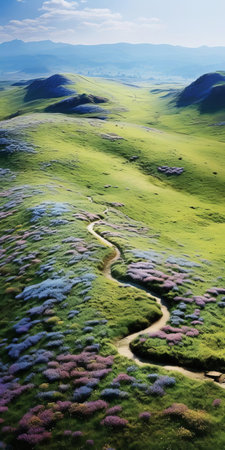 rolling hills stretch towards the horizon, adorned with a kaleidoscope of vibrant wildflowers and swaying grasslands, exuding serenity and peacefulness in this breathtaking 8k aerial view, capturing the essence of nature's tranquility in a stunning still life photography style. ai generatedの素材