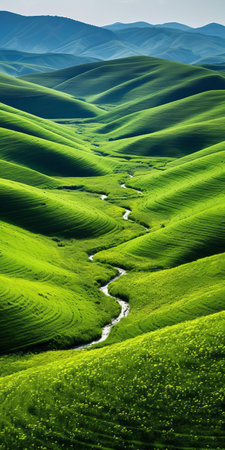 rolling hills stretch towards the horizon, adorned with vibrant wildflowers and tall swaying grasslands, exuding an essence of tranquility and serenity, captured in stunning 8k resolution, showcasing the beauty of nature's untouched landscapes in a still life photography style. ai generatedの素材