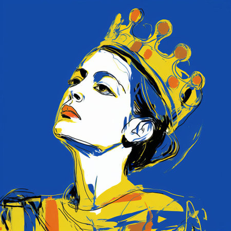 helen, adorned with a regal crown, gazes over her shoulder in a captivating portrait inspired by the iconic style of cecil beaton, reminiscent of tumblr's eclectic aesthetic. this stunning digital drawing, crafted on a wacom tablet, blends matisse's expressive lines with fine-tip pen details in white and yellow hues, boasting 32k super-resolution and uhd quality. ai generatedの素材